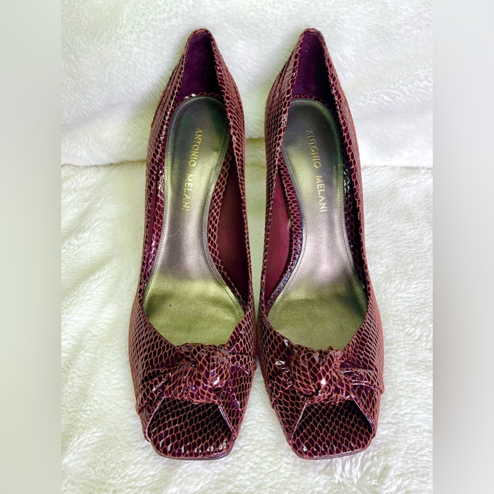 Vintage Antonio Melani Brown Snake Skin Heels, Peep Toe, Size 8